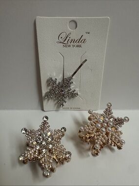 Pearl & Crystal Snowflake Hair Clips - Gold & Silver